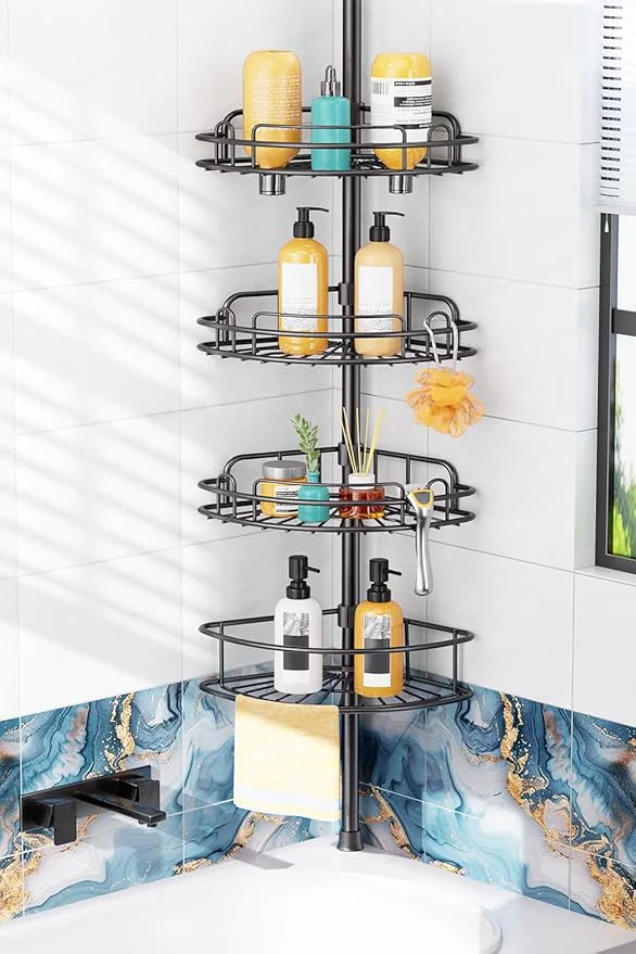 Expertly Made HAMITOR Shower Caddy Tension Pole 4-Tier Rustproof Bathroom Corner Shelf Organizer for Renters - No Drill Large Shampoo Storage Rack - Adjustable 47-121 Inch - Space Saving Bathtub Accessory - BlackAbout ThisOverview Stylish