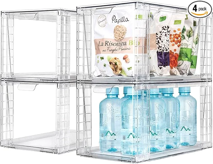 Minimalist 4Pack Large Stackable Kitchen Storage Drawers Clear Foods Organizer Bins with Handles Easily Assemble for Bathroom Kitchen Pantry Cabinet Closet XL-UP Handle About ThisOverview Relaxed