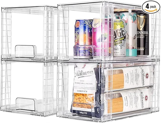 Recyclable 4Pack Large Stackable Kitchen Storage Drawers Clear Foods Organizer Bins with Handles Easily Assemble for Bathroom Kitchen Pantry Cabinet Closet XL-Down Handle About ThisOverview Elite
