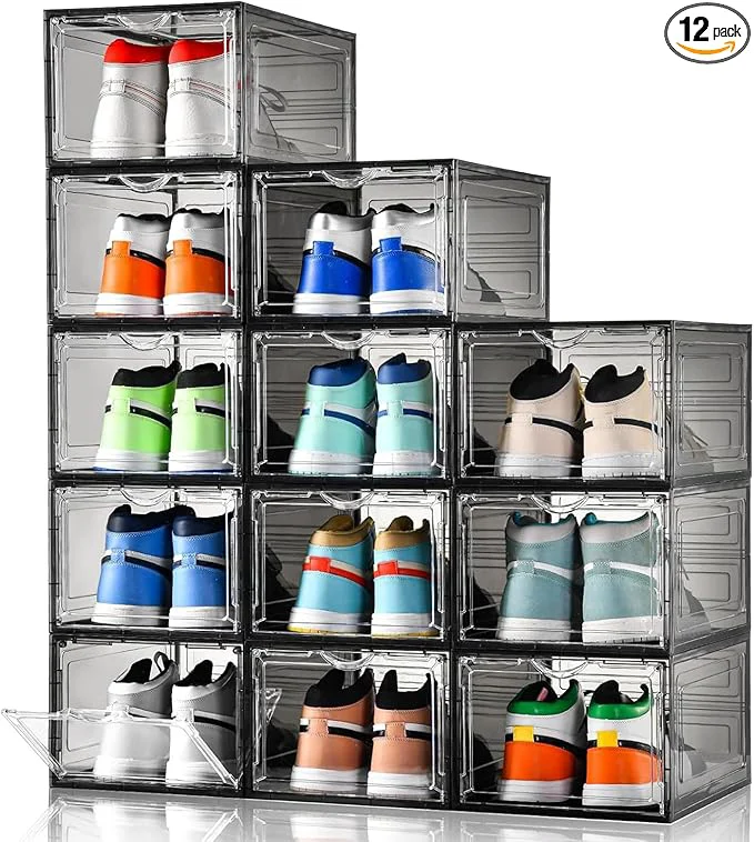 Responsible Clemate Upgraded X-Large Shoe Storage Box 12 Pack Shoe Box Clear Plastic Stackable Drop Front Shoe Box with Clear Door Shoe Organizer Containers For Sneaker Display Fit up to US Size13 AshyAbout ThisOverview Casual