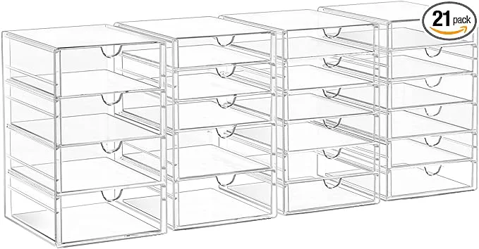 First-Class Acrylic Drawer Organizers - 21 Drawers 4 Set - Clear Storage Drawers for Office Supplies - Stackable Makeup Organizer - Dustproof Desk Organizers for Makeup Jewelry Pen StationaryAbout ThisOverview Elite