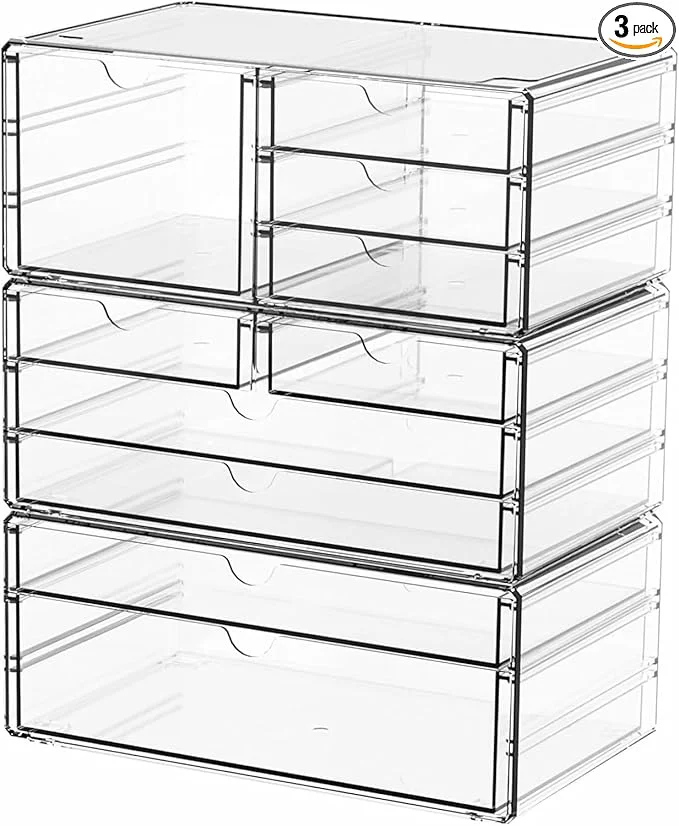 Traditional Yieach 3Pack Clear Drawer Organizers Stackable Acrylic Storage Drawers With 10 Drawers Multipurpose Office Supply Organizer and Makeup Organizer for Beauty Craft Pen Medical Stationary Desk OrganizersAbout ThisOverview Organic
