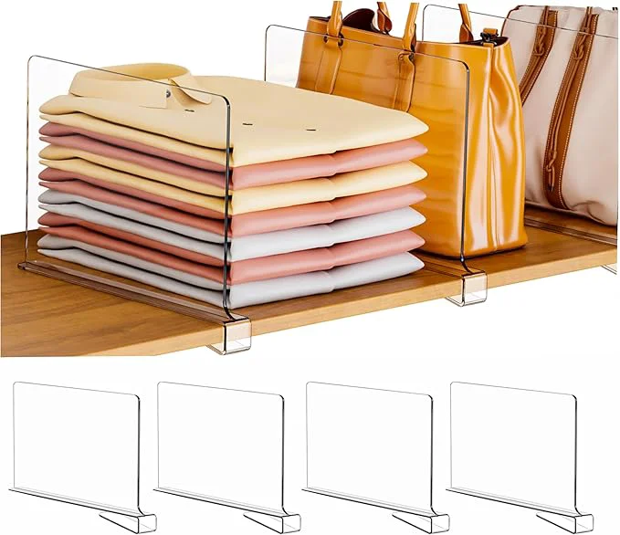 Solid Clear Acrylic Shelf Dividers for Closet Organization - 4 Pack Closet Shelf Divider for Sweatshirt Towel Bag Purse Clothing Sweater Organizer Plastic Dividers and Separators for Shelves and BedroomAbout ThisOverview Professional