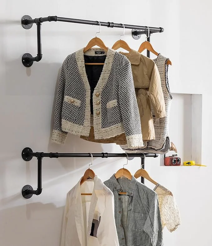 Trendy Clothes Rack Industrial Wall Pipe Clothing Rack for Hanging Clothes Wall Mounted Heavy Duty Space Saving Garment Rack Multi-Purpose Clothing Hanging Rods for Closet Storage Black 2PcsAbout ThisOverview Elite