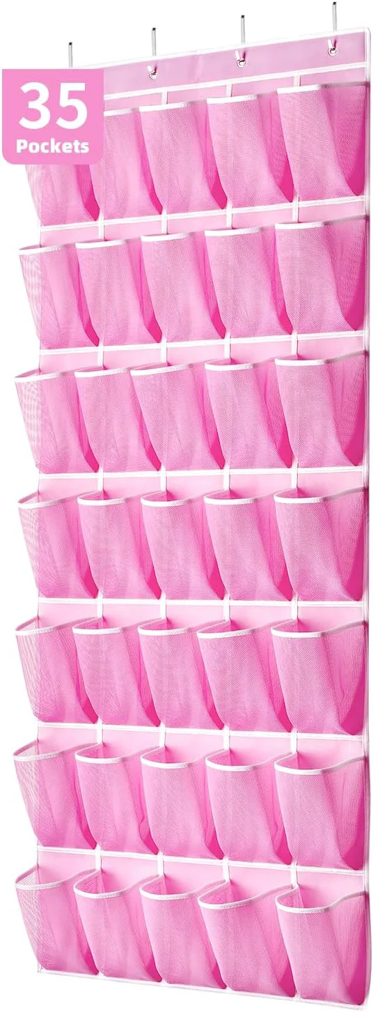 Sophisticated 35 Pockets Over the Door Shoe Organizer Hanging Shoe Organizer for Door with 35 Mesh Pockets Large Capacity Shoe Hanging Storage Bag with 4 Metal Hooks Pink-1Pack About ThisOverview Pure