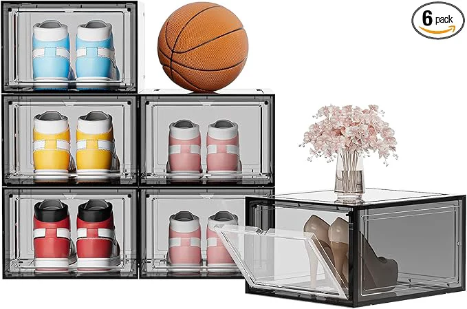 Premium Shoe Storage Boxes Organizers Clear Acrylic Stackable 6 Pack Shoe Rack Holder Substitute Sneaker Containers Toy Storage Organizer Bins for Entryway Closet Under Bed Black L About ThisOverview Premium Material