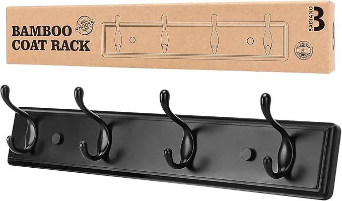 Premium Badiano Wooden Coat Rack Wall-Mounted Organizer for Closet Entryway Hallway Foyer Bedroom Heavy Duty Double Hooks for Hanging Towels Bags Hats Jackets Key Black 4 Hooks About ThisOverview Professional