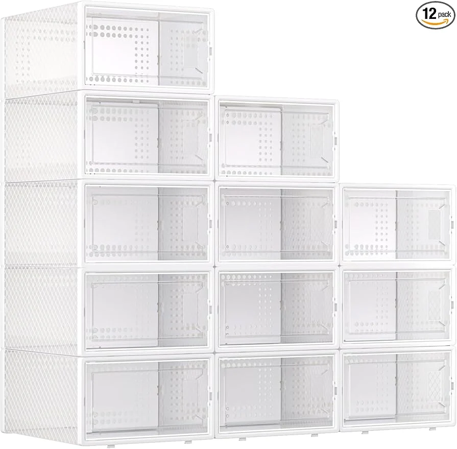 Prestigious X-Large Plastic Clear Shoe Storage Boxes Stackable 12 Pack Fit Size 11 Shoe Rack Holder Substitute Sneaker Containers Toy Storage Organizer for Entryway Closet Under Bed White About ThisOverview Smooth