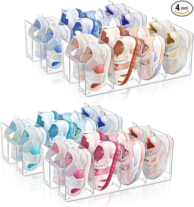 Consistent Kids Shoe Organizer Stackable Clear Acrylic Baby Shoe Rack with Dividers - Closet Storage for Toddlers Nursery Use 4 Pack About ThisOverview Effective
