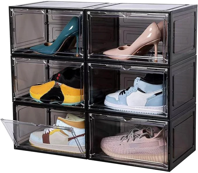 Durable Attelite Large Clear Shoe Box Organizer Plastic Stackable Shoe Storage Box with Magnetic Door Large Clear Door Shoe Containers for Display Sneakers Easy Assembly（Black）About ThisOverview Efficient