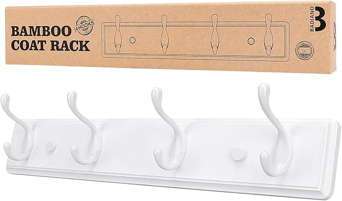 High-End Badiano Wooden Coat Rack Wall-Mounted Organizer for Closet Entryway Hallway Foyer Bedroom Heavy Duty Double Hooks for Hanging Towels Bags Hats Jackets Key White 4 Hooks About ThisOverview Trusted