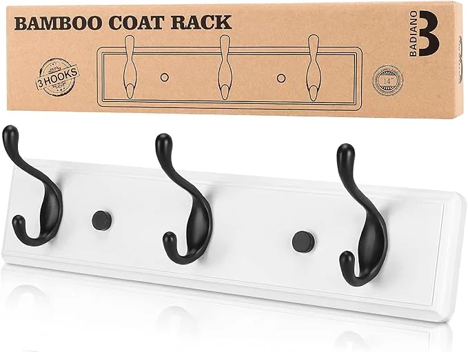 Original Design Badiano Wooden Coat Rack Wall-Mounted Organizer for Closet Entryway Hallway Foyer Bedroom Heavy Duty Double Hooks for Hanging Towels Bags Hats Jackets Key WhiteBlack 3 Hooks About ThisOverview Dependable