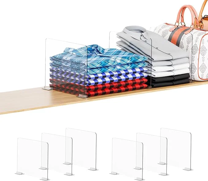 Organic Yieach 6 Pack Acrylic Shelf Dividers for Closet Organization - Suitable for All Cupboard Wood Shelves -Clear Closet Dividers for T Shirt Towel Bag Purse Dividers Handbag Organizer Sweater OrganizerAbout This Premium