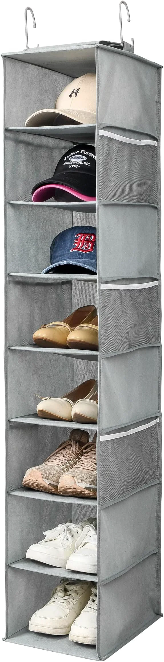 Advanced Hanging Shoe Organizer for Closet with Side Mesh Pockets，Hat Racks for Baseball Caps，Shoe and Hat Holder Storage，8-Shelf，Gray，1 PackAbout ThisOverview Refined