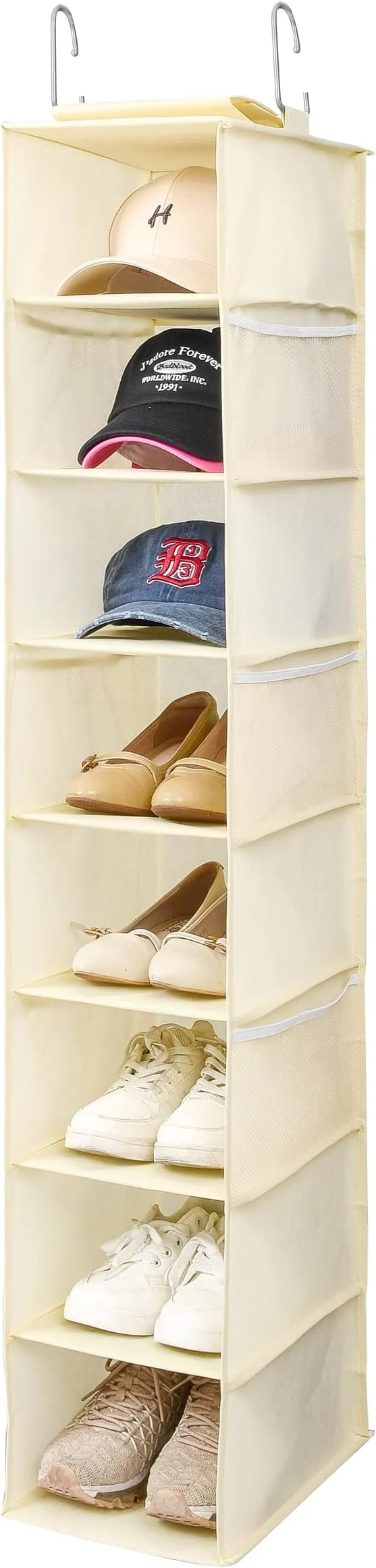 Environmentally Friendly Hanging Shoe Organizer for Closet with Side Mesh Pockets，Hat Racks for Baseball Caps，Shoe and Hat Holder Storage，8-Shelf，Beige，1 PackAbout ThisOverview Breathable