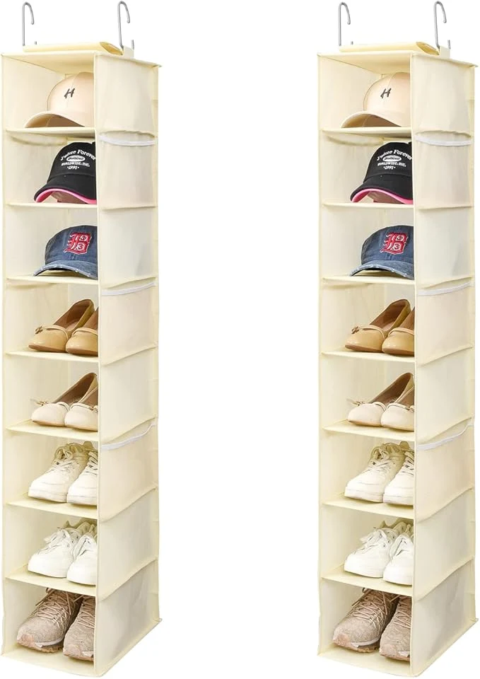 Secure Hanging Shoe Organizer for Closet with Side Mesh Pockets，Hat Racks for Baseball Caps，Shoe and Hat Holder Storage，8-Shelf，Beige，2 PackAbout ThisOverview Solid