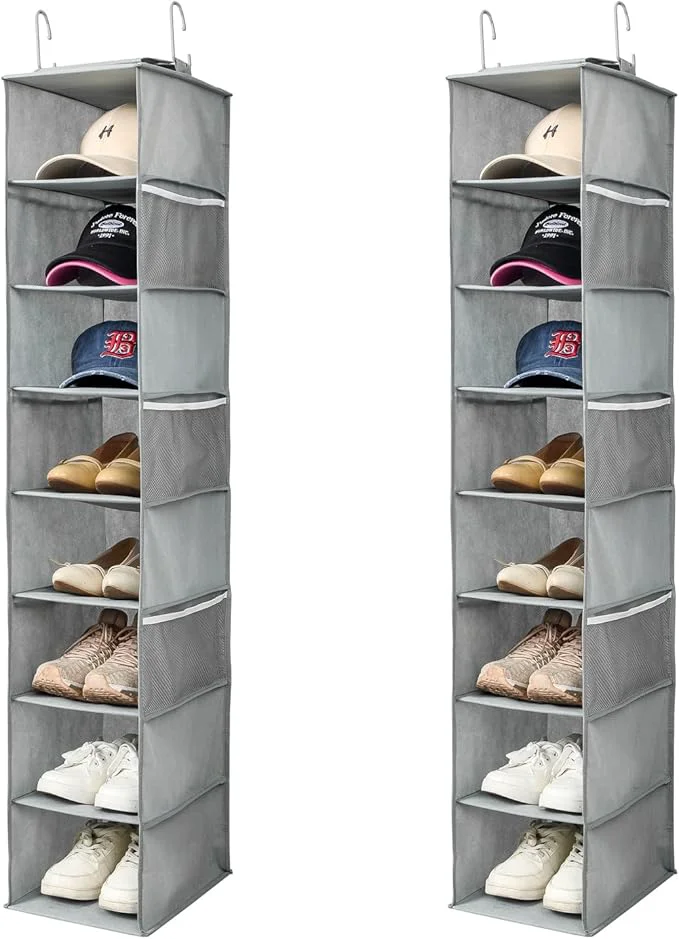 Comfortable Hanging Shoe Organizer for Closet with Side Mesh Pockets，Hat Racks for Baseball Caps，Shoe and Hat Holder Storage，8-Shelf，Gray，2 PackAbout ThisOverview Functional