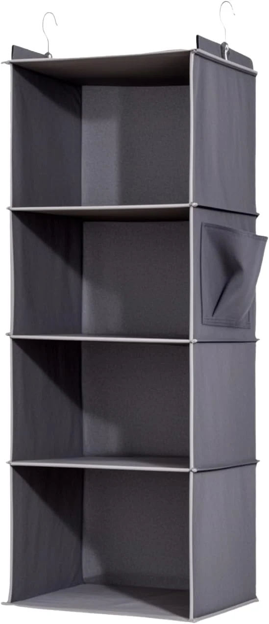 Premium 4-Shelf Hanging Closet Organizer and Storage Collapsible Hanging Shelves for Closet with 2 Side Pockets Hanging Shoe Organizer to Saving Space GreyAbout ThisOverview Refined