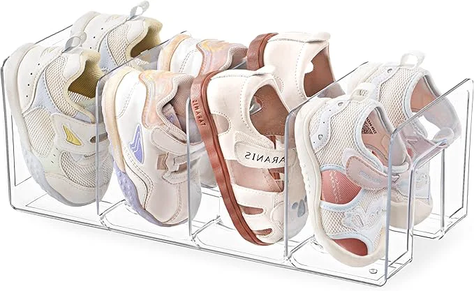 Prestigious HBlife Clear Acrylic Kids Shoe Rack for Closet Organizers and Storage Small Shoe Rack 4 Sections Toddler Baby Shoe Storage Organizer Stackable Shoe Shelf Desk File Sorter Book Purse Organizer 1 Pack About ThisOverview Clean