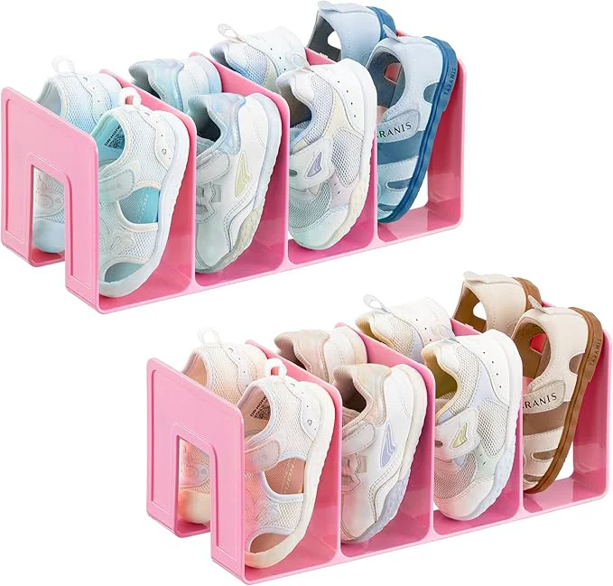 Classic HBlife Pink Acrylic Kids Shoe Rack for Closet Organizers and Storage Small Shoe Rack 4 Sections Toddler Baby Shoe Storage Organizer Stackable Shoe Shelf Desk File Sorter Book Purse Organizer 2 Pack About ThisOverview Lightweight