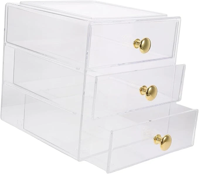 Soft 3-Layer Stackable Drawer Organizer Storage Box Gold Handles Acrylic Makeup and Jewelry Display Case for Desktop Bathroom and VanityAbout ThisOverview Reliable