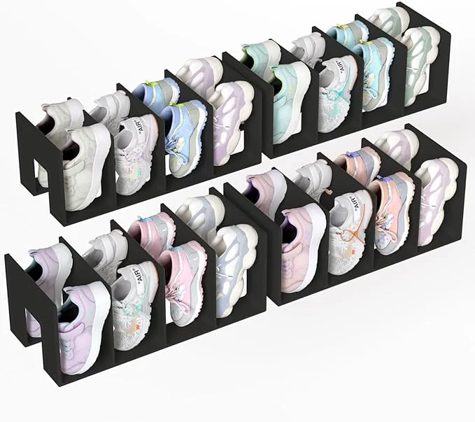 Versatile Kids Shoe Rack - 4 Pack Shoe Organizer for Toddlers Children Space-Saving Nursery Shoe Storage Shelf Small Baby Shoes Display Rack for Closet Entryway for Desk File Book Organizer Black About ThisOverview Lightweight