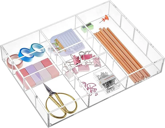 Classic Acrylic Drawer Organizer Clear Desk Drawer Organizer Trays with Adjustable Compartments Desk Accessories for Office Stationery Makeup Silverware Bathroom Non Expandable About ThisOverview Exclusive