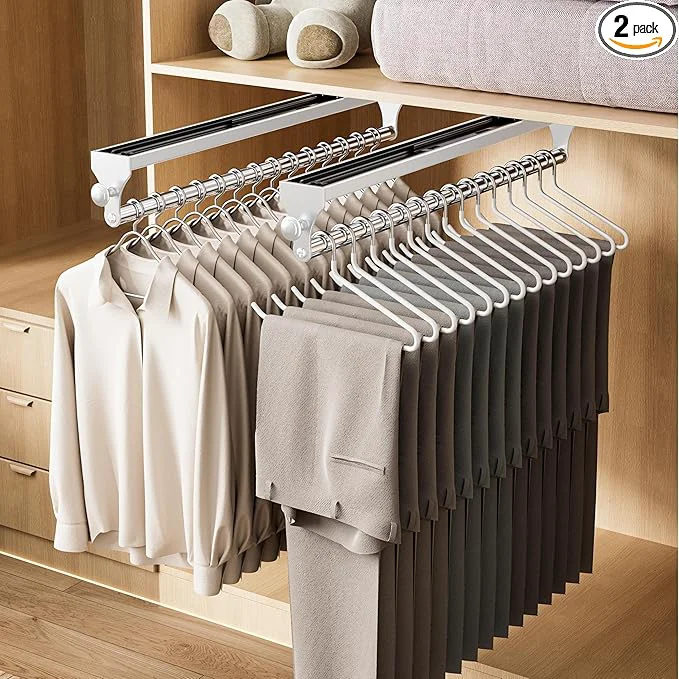 Versatile 2 Pack Pull Out Closet Valet Rod Heavy Duty Adjustable Closet Rod 13.7inch Telescopic Pant Rack Space Aluminum Clothes Hanger Rail Closet Storage Organizer for Trousers Clothes WhiteAbout ThisOverview Enhanced