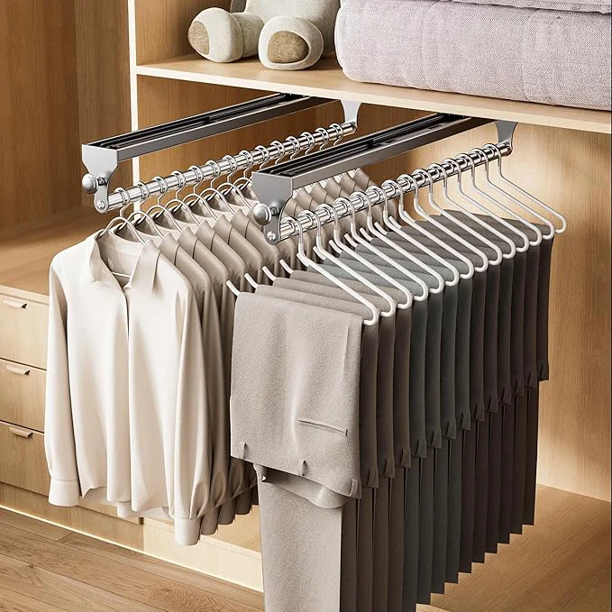 Advanced 2 Pack Pull Out Closet Rod 13.7inch Heavy Duty Pants Rack Adjustable Clothes Hanger Rail Space Aluminum Valet Rod Top Mounted Wardrobe Clothes Organizer Closet Storage for Trousers Coats GrayAbout ThisOverview Effective