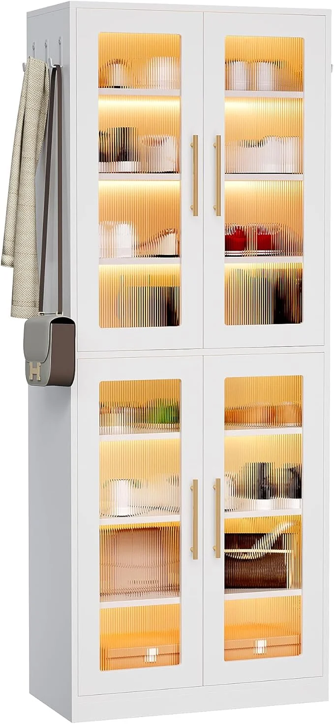 Environmentally Friendly LITTLE TREE Stylish 8-Tier Vertical Shoe Rack with Built-in LED Lighting Doors for Dust Protection and Convenient External Hooks Shoe Cabinet for Entryway Living Room Bedroom WhiteAbout ThisOverview High-End