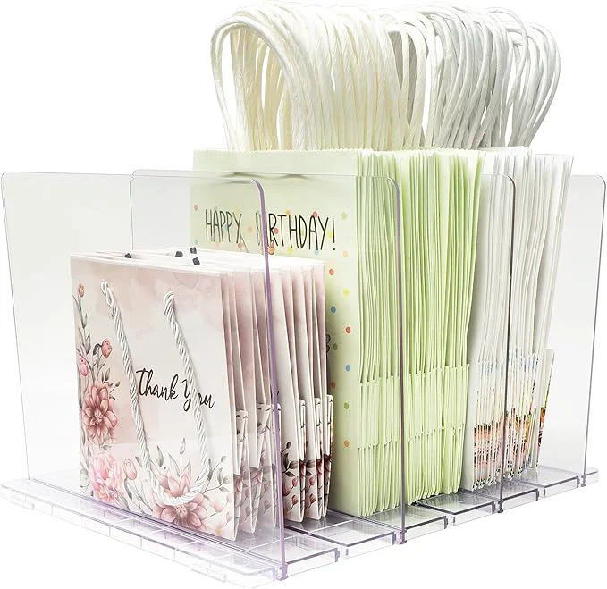 Classic Gift Bag Storage Organizer Acrylic Clear Shopping Bag Organizer Adjustable Shelf Divider Bag Organizer for Small Closet 1 PackAbout This Detailed