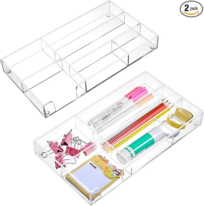 Functional 2 Pcs Clear Acrylic Desk Drawer Organizer 11 x 6 x 1.38 Inch Drawer Organizer Trays with 6 Compartments Desk Accessories for Office Makeup Silverware BathroomAbout ThisOverview Excellent