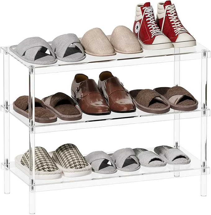 Reusable Aquiver 3-Tier Acrylic Shoe Rack - Modern standing Shoe Storage Shelf for Entryway Closet - 25.6'' L x 11.8'' W x 20.3'' H Easy Assembly CleanAbout ThisOverview Reliable