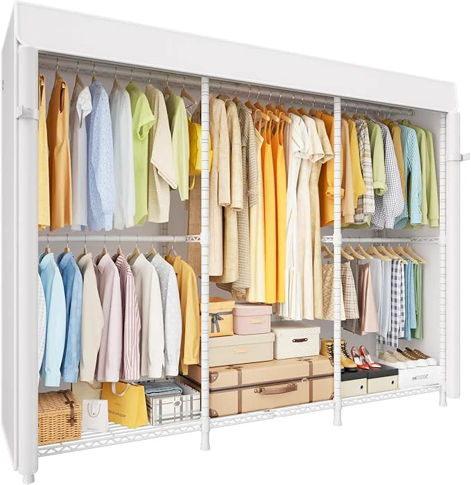 Carefully Designed E14C Pro Heavy Duty Closet Organizer System，standing Clothing Racks for Hanging Clothes，Adjustable Garment Rack 70.1 W × 16.6 D × 76.4 H Hold 960 lbs，White Rack with White Dustproof CoverAbout ThisOverview Casual