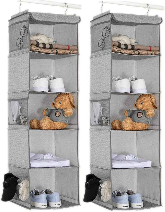 High-Performance 5 Shelves Hanging Closet Organizer 2 Pack Hanging Storage with 6 Side Pockets for Clothes Bags 43 x12 x12 Light Gray About ThisOverview Optimized