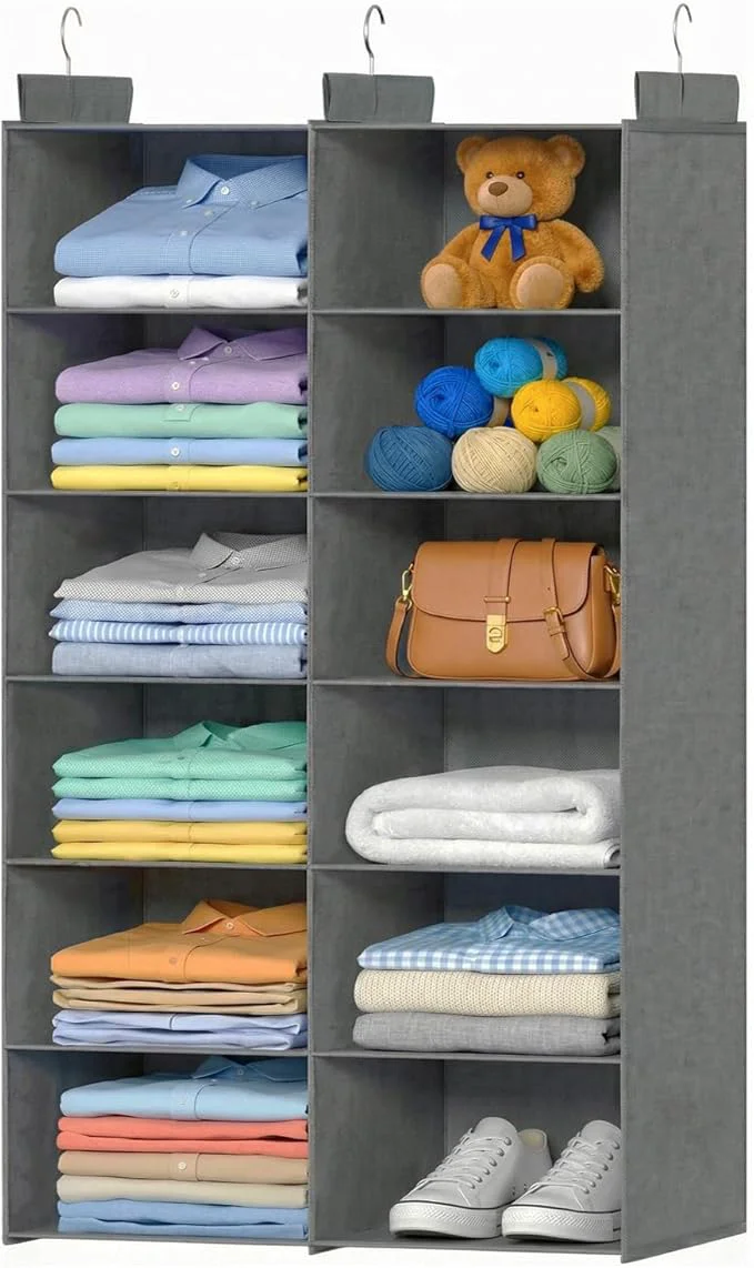 Consistent Space-Saving Hanging Closet Storage Organizer – Dual-Row Foldable Shelves with 3 Hooks 6-Tier Wardrobe Organizer for Dorm Bedroom Closet Grey About ThisOverview Safe