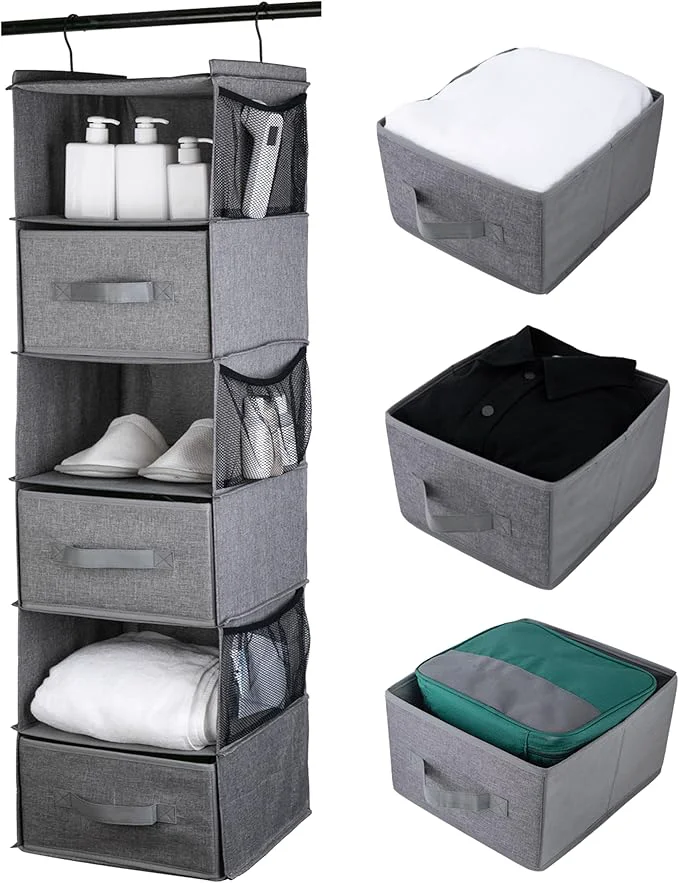 Exclusive Hanging Closet Organizer 6-Shelf Closet Organizers and Storage with 3 Removable Drawers Sturdy Hanging Shelf Organizer for Bedroom Dark GrayAbout ThisOverview Long-Lasting