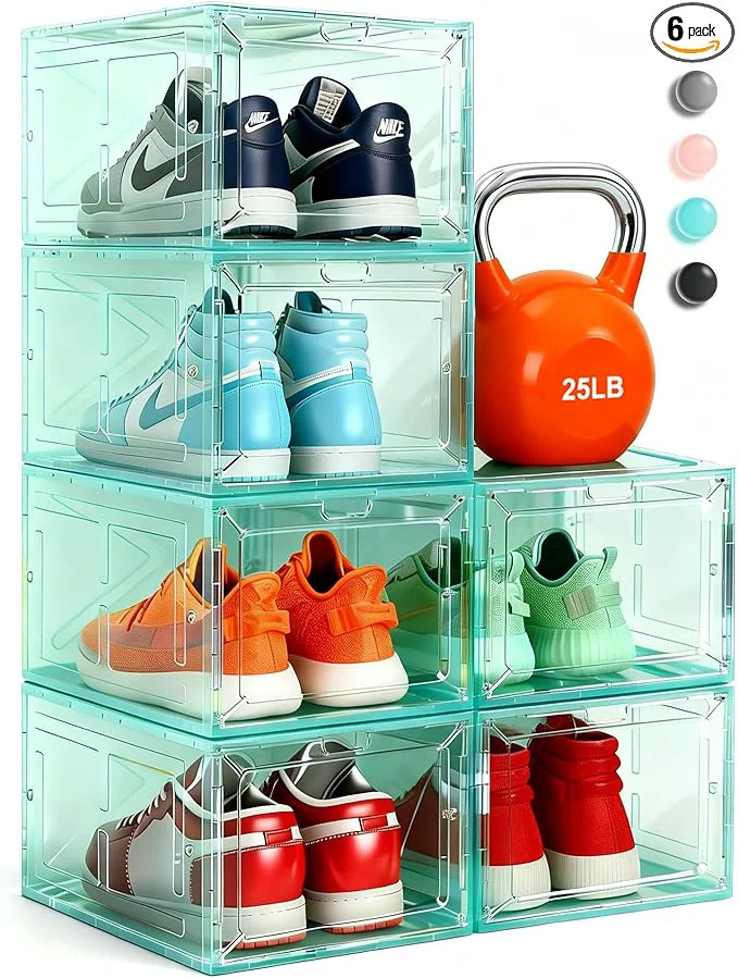 Durable Stackable Clear Green Shoe Boxes 6 Pack with Magnetic Door Drop Front Sneaker Storage Organizer for Closet Large Transparent Plastic Shoe Storage ContainersAbout ThisOverview Fashionable
