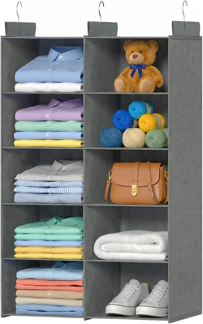 Breathable Grey 5-Tier Hanging Closet Storage Organizer - Space-Saving Dual-Row Foldable Shelves with 3 Hooks Wardrobe Organizer for Dorm Bedroom Clothes and AccessoriesAbout ThisOverview Natural