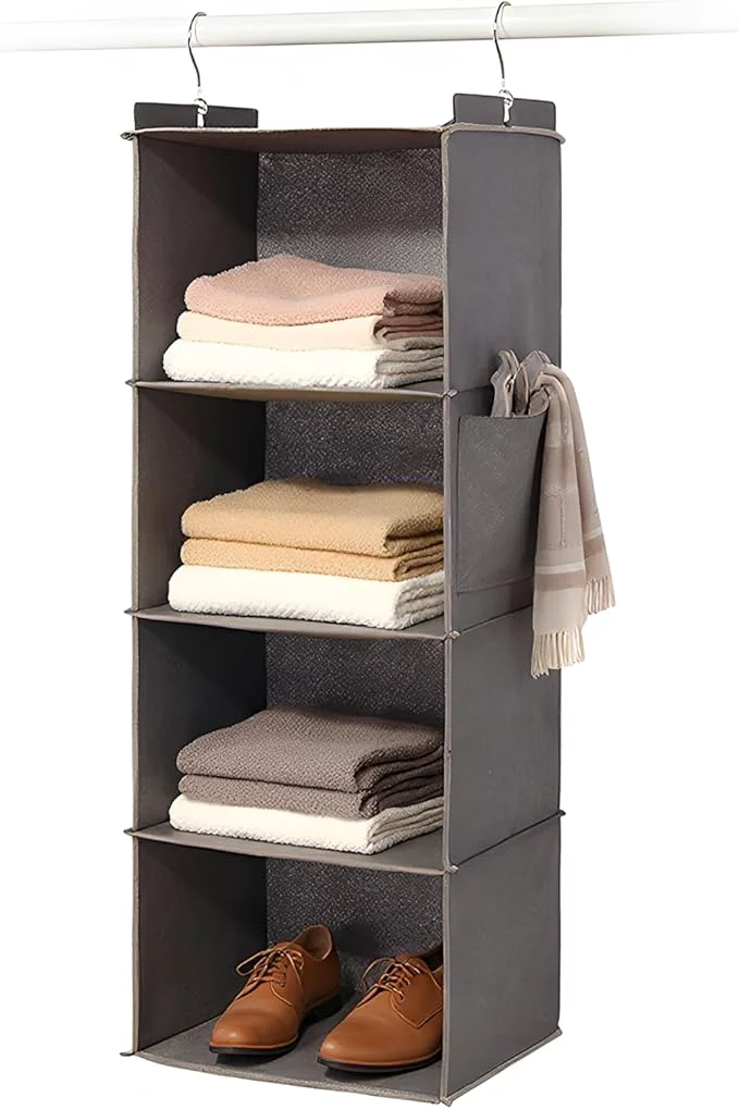 Environmentally Friendly Hanging Closet Organizer 4 Shelf - Hanging Cube Organizer with Pockets Sweater Shoe Storage Max Storage for RV Closet Grey 1 About ThisOverview Proven