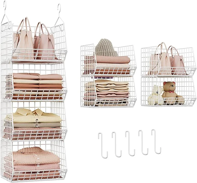 Casual X-cosrack 4 Tier Closet Hanging Organizer Foldable Closet Shelving with 2 Hanging Hooks 5 S Hooks Wire Storage Basket for Wardrobe Laundry Room for Clothing Sweaters Shoes Handbags Patent-WhiteAbout ThisOverview Efficient