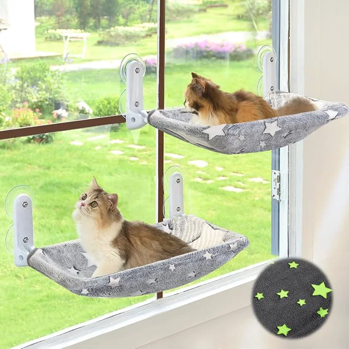 Easy-to-Use 2PC Cat Window Perch Glow in The Dark Cordless Foldable Pet Hammock Bed Smooth