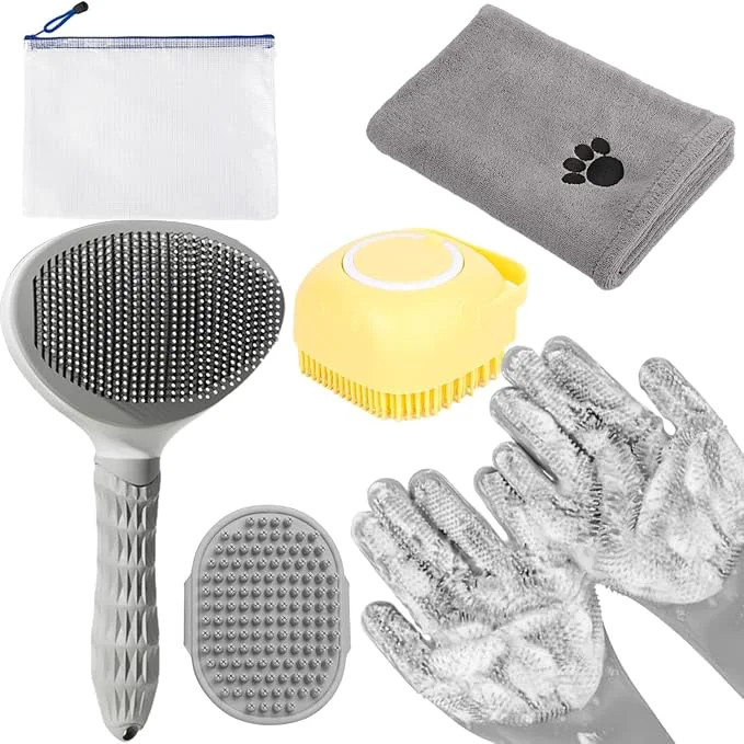 Reliable 6-in-1 Grey Pet Grooming Kit Hair Brush Washing Gloves Slicker Brush Relaxed