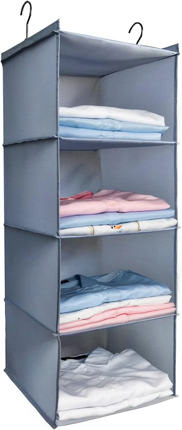 Trendy Hanging Closet Organizer Easy Mount Foldable 4-Shelf Hanging Closet Wardrobe Storage Shelves Clothes Handbag Shoes Accessories Storage Washable Oxford Cloth Fabric GrayAbout ThisOverview Pure