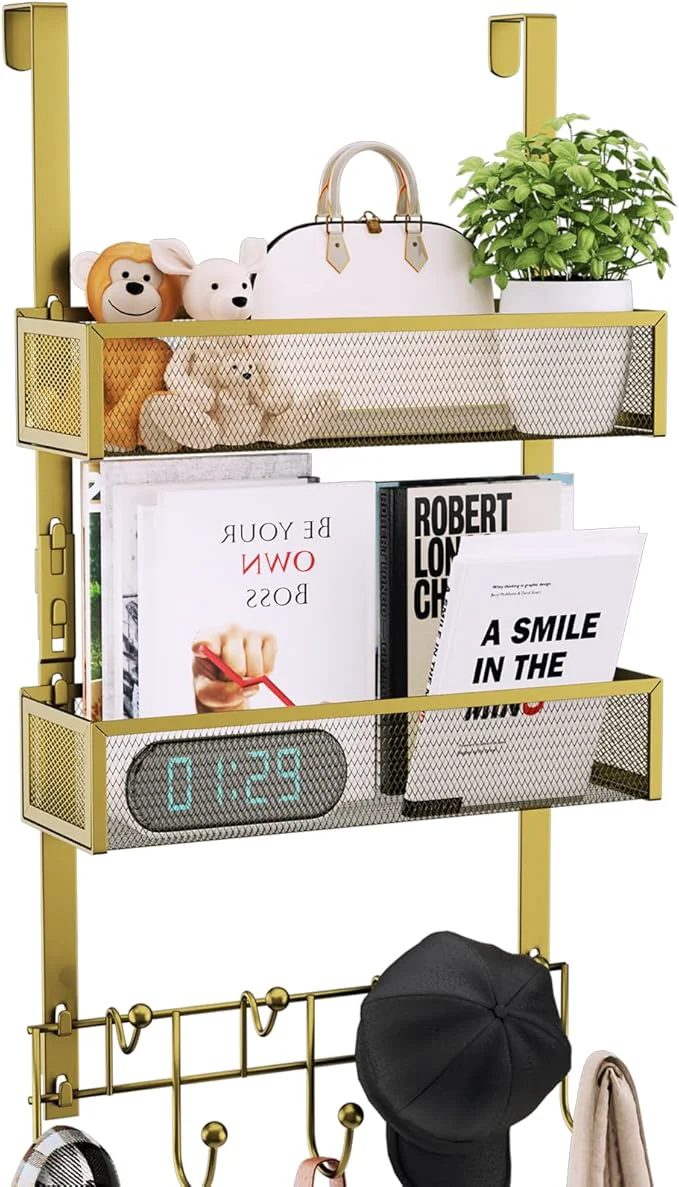 Comfortable Consumest Over The Door Hooks Organizer - Extra Long Door Hanger with 9 Coat Hooks 2 Mesh Basket Back Storage Organizer Hanging Towels for Bathroom Bedroom Gold for 1.76 in Doors About ThisOverview Top-Quality