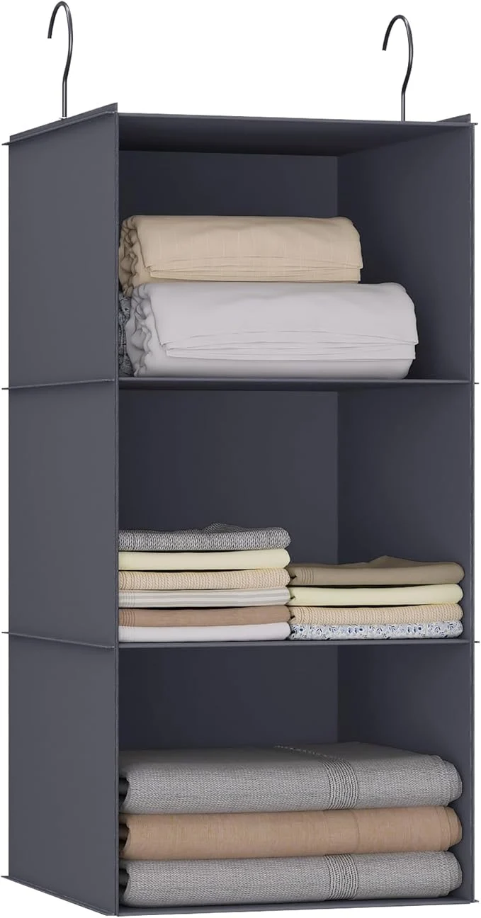 Efficient Hanging Closet Organizer and Storage 3-Shelf Easy Mount Foldable Hanging Closet Wardrobe Storage Shelves Clothes Handbag Shoes Accessories Storage Washable Oxford Cloth Fabric Dark GrayAbout ThisOverview Powerful