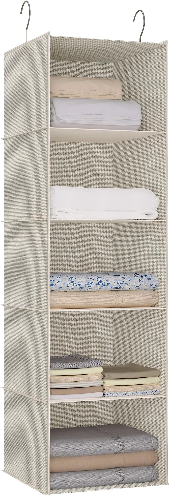 Authentic Hanging Closet Organizer Easy Mount Foldable 5-Shelf Hanging Closet Wardrobe Storage Shelves Clothes Handbag Shoes Accessories Storage Imitation Linen Fabric Beige HoundstoothAbout ThisOverview Reusable