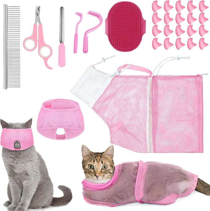 Natural 9 Pcs Cat Bathing Bag Set Cat Shower Bag Anti Bite and Scratch Versatile