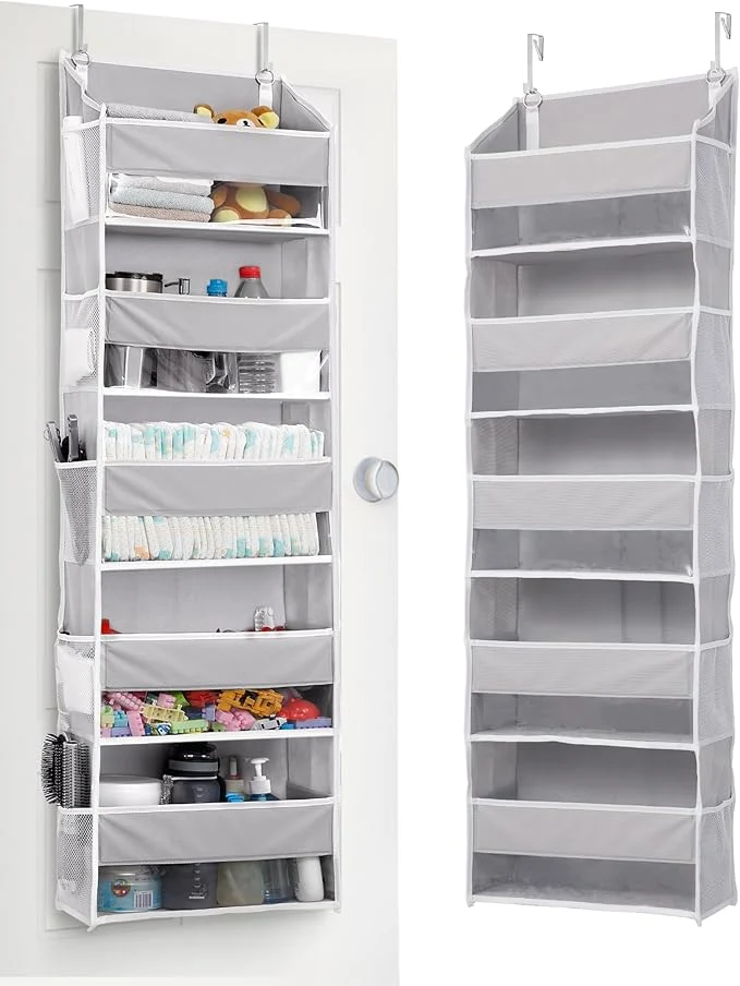 Stylish ULG 1 Pack Over Door Organizer with 5 Large Pockets 10 Mesh Side Pockets 44 lbs Weight Capacity Hanging Storage Organizer with Clear Window for Kids Toys Shoes Diapers Grey 5 LayerAbout ThisOverview Dependable