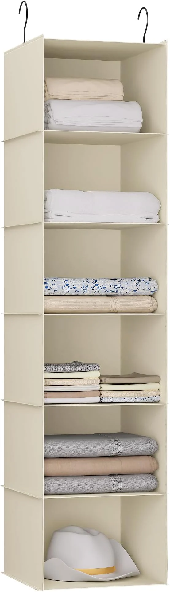 World-Class Hanging Closet Organizer Easy Mount Foldable 6-Shelf Hanging Closet Wardrobe Storage Shelves Clothes Handbag Shoes Accessories Storage Washable Oxford Cloth Fabric BeigeAbout ThisOverview Prestigious
